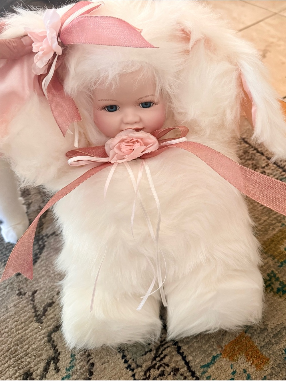 Vintage Plush White Bunny Doll with Pink Ribbon Y2K